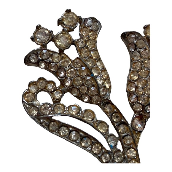 Vintage Rhinestone Tulip Flower Bow Brooch Silver Tone Old Pot Metal 30’s-40’s - Picture 4 of 9